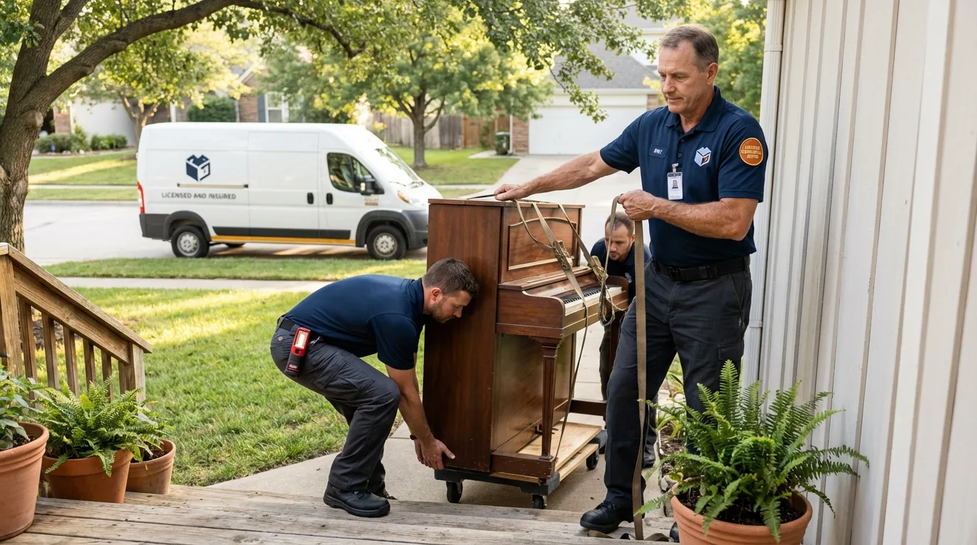 Licensed piano movers securing grand piano in Cramerton, NC