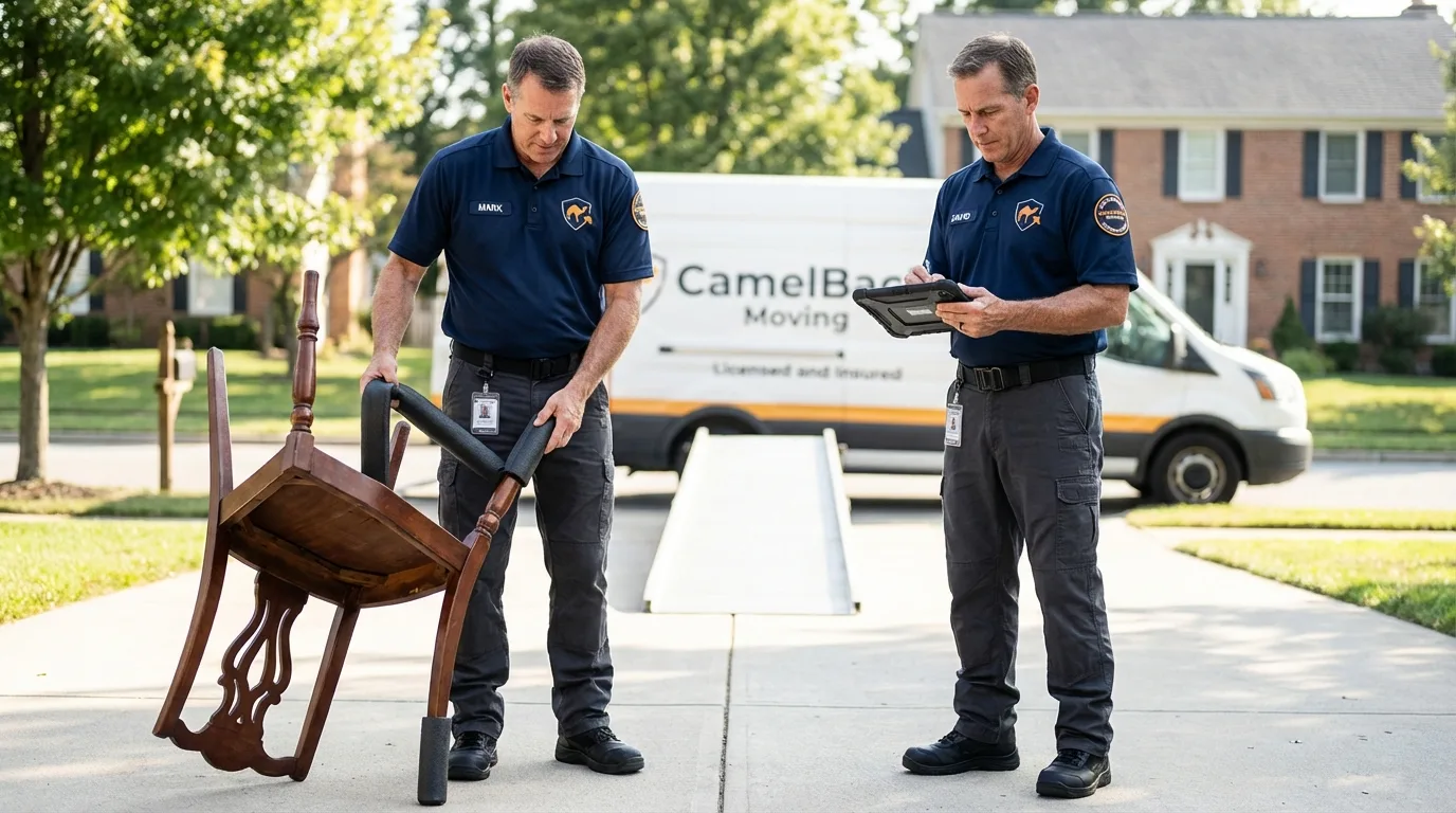 Movers inspecting furniture for damage prevention before loading in Cramerton, NC